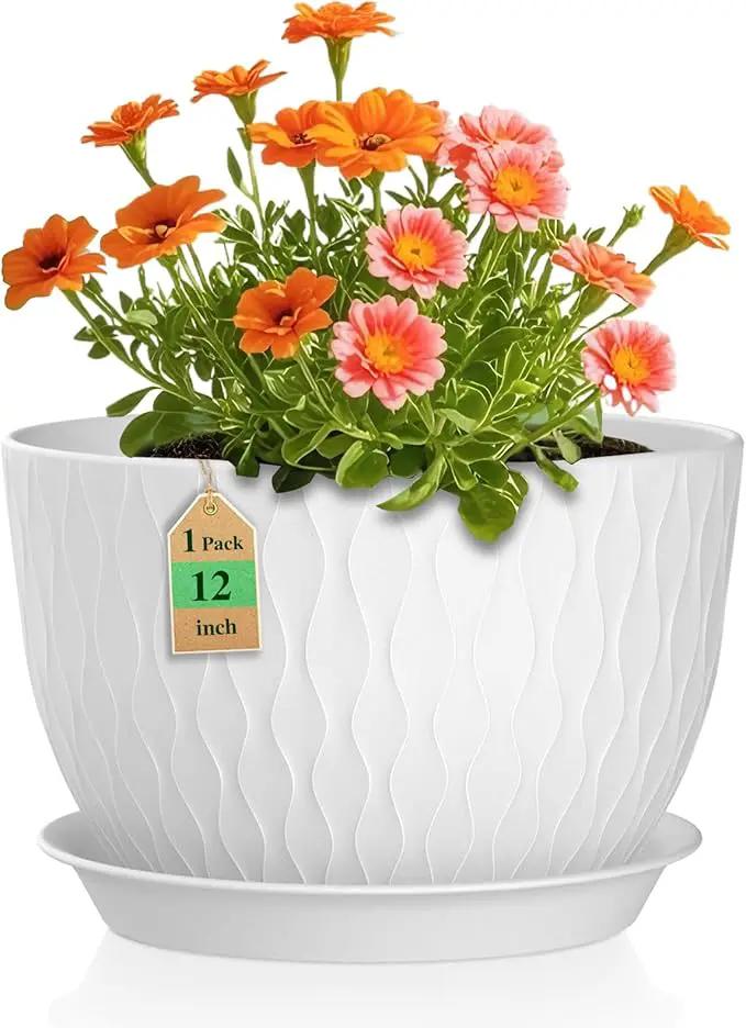 12 Inch Large Plant Pots for Indoor or Outdoor Plants, Wide Water Ripples Flower Pots with Drainage Holes & Saucer, Plastic Planters Set for Garden & Home Decor (White) by GreenHaven Gardens