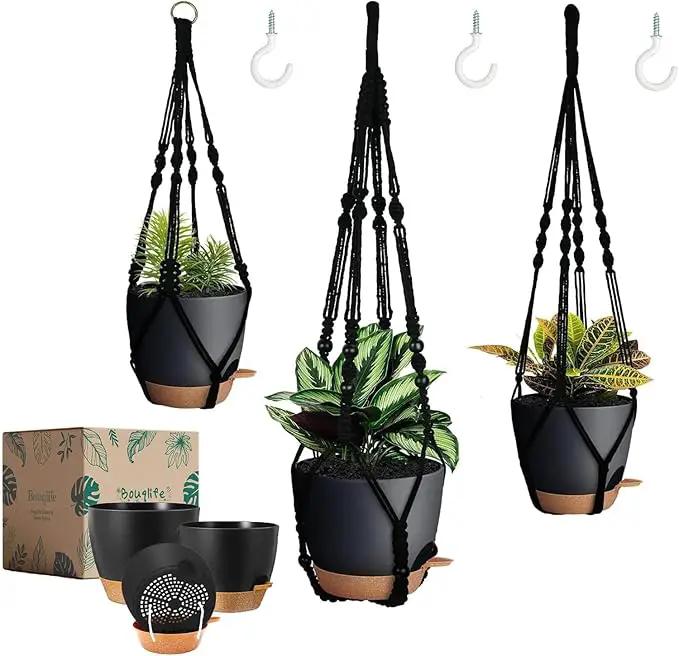 3 Pack Self Watering Hanging Planters Macrame Plant Hangers with Indoor Flower Pots, 3 Different Size Hanging Basket, Plant Hanger with Hooks for Garden Home Decor Black by GreenHaven Gardens