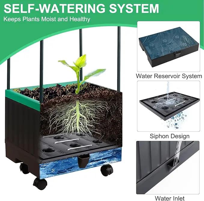 Raised Garden Bed with Self Watering Garden Pots, Planter Box with Trellis for Climbing Plants Vegetable Vine Flowers, Tomato Cage Planter for Indoor Outdoor Yard Greenhouse Use by GreenHaven Gardens