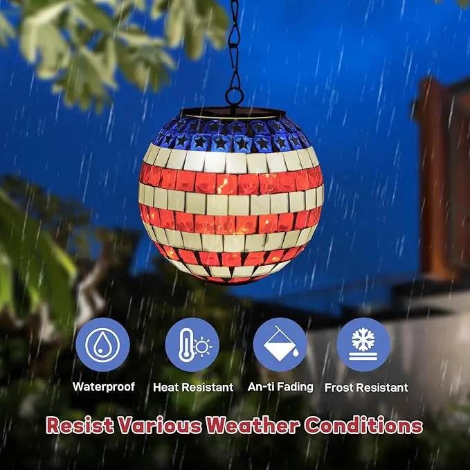 American Flag Solar Hanging Lanterns Outdoor Waterproof Glass Mosaic Gazing Ball Globe Hanging Lantern Lights for Patio Garden Yard Home Decor (Red) by GreenHaven Gardens