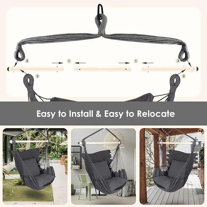 Highwild Hammock Chair Hanging Rope Swing - Max 500 Lbs - 2 Cushions Included - Steel Spreader Bar with Anti-Slip Rings - for Any Indoor or Outdoor Spaces (Grey) by GreenHaven Gardens