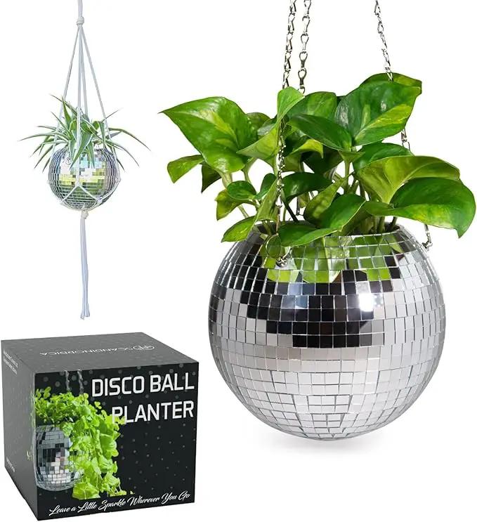 SCANDINORDICA Disco Ball Planter – Value Package: Disco Planter with Chain, Macrame Hanger and Acrylic Stand, Includes Self Watering Insert, Preppy Room Decor, Funky Decor | 8 inch Silver by GreenHaven Gardens