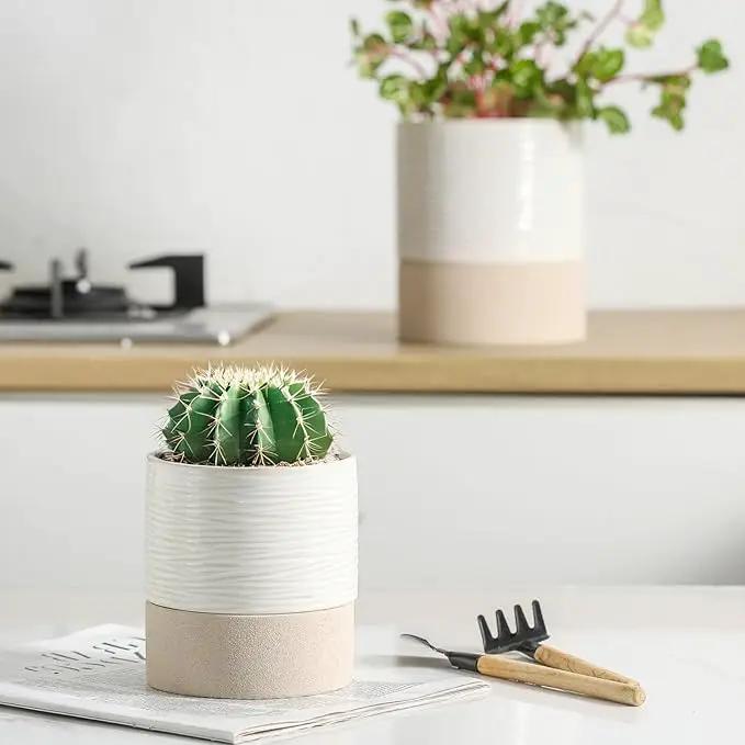 Nihow Self Watering Plant Pot for Indoor Plants: 4.5+6 Inch Ceramic Planter with Drainage Hole & Water Storage Plus - Cylinder Flower Pot with Wick for Herbs -White & Brown by GreenHaven Gardens