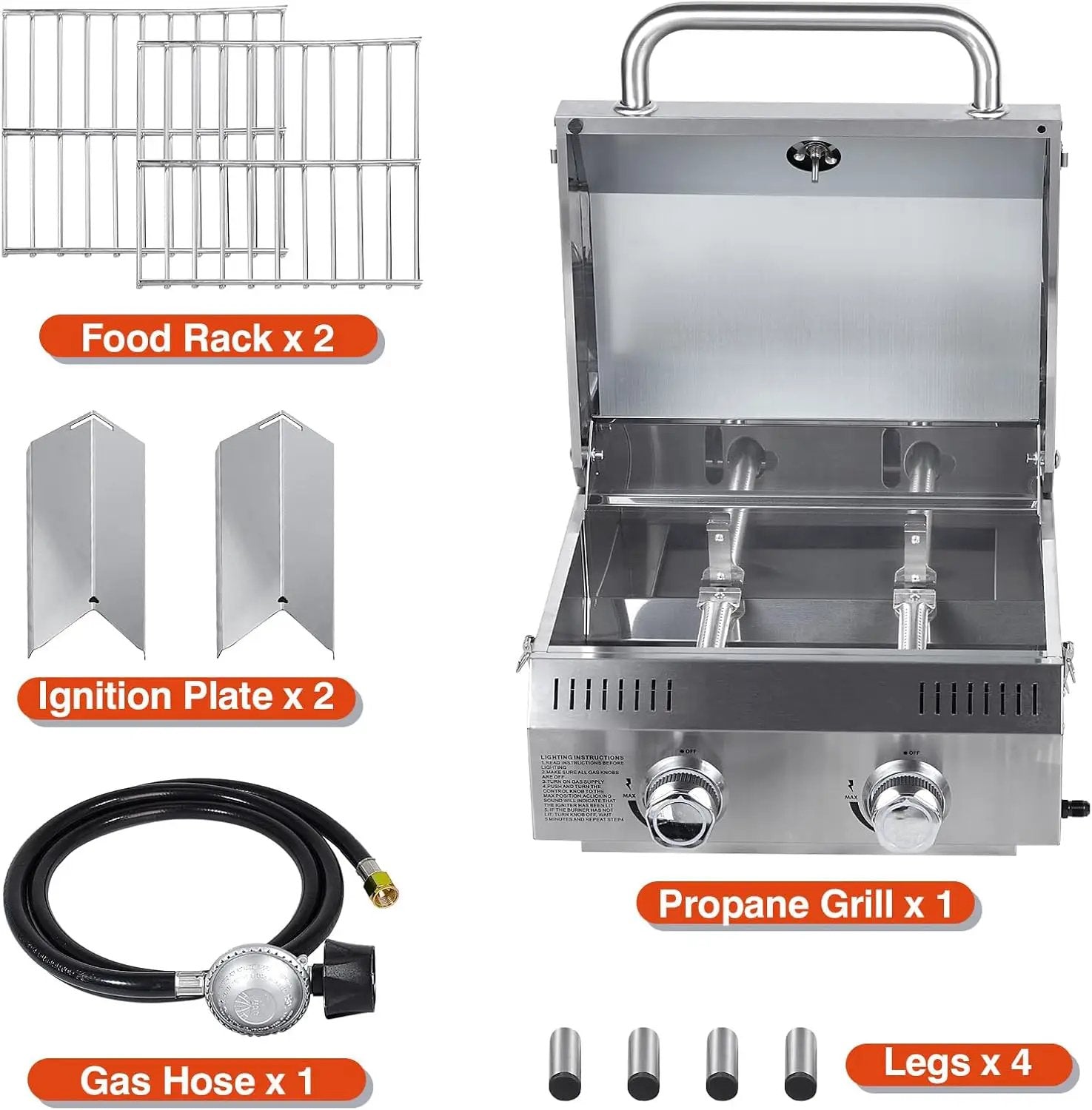 Llamaviva 2 Burners Tabletop Gas Grill, 20,000 BTUs Portable Stainless Steel Propane Grill with Legs for Tailgating, Outdoor Patio Backyard Camping, and RV Trips - food clip by GreenHaven Gardens