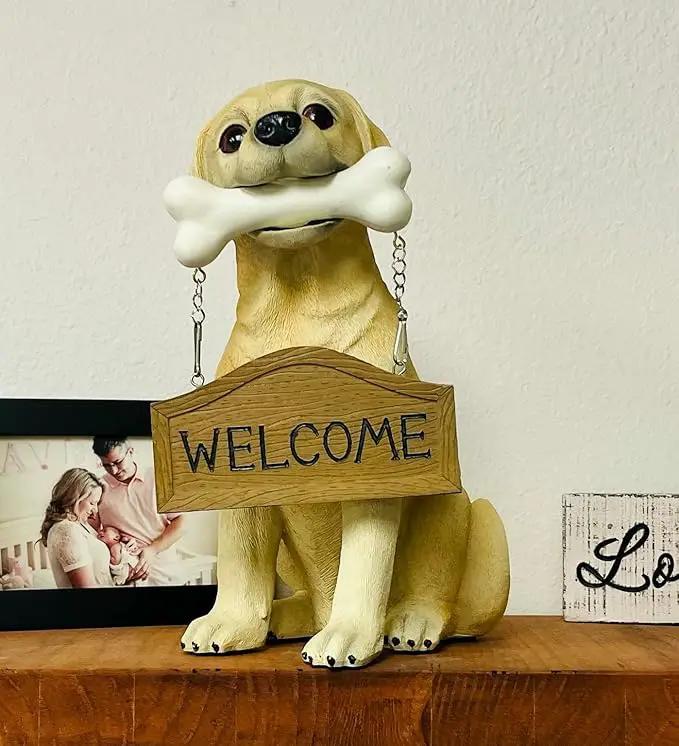 Nature's Mark Labrador Retriever Dog Puppy Statue with Reversible Welcome Sign and Go Away Sign Resin Garden Decor 12" H by GreenHaven Gardens