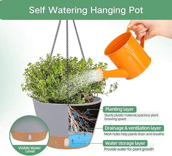QCQHDU 2 Pack 10 inch Hanging Planters for Indoor Plants, Outdoor Hanging Baskets, Self Watering Pots with Drainage Holes & Removable Tray (Light Grey, 10 inch) by GreenHaven Gardens