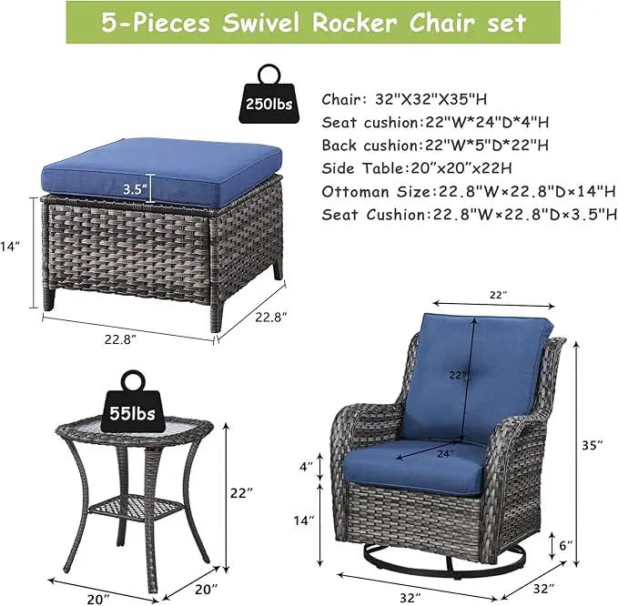 Outdoor Wicker Patio Furniture Set - 5 Pieces Rattan Patio Conversation Set with 2 Rocking Swivel Chairs,2 Ottomans and 1 Side Table for Porch Deck Backyard Garden(Mixed Grey/Blue) by GreenHaven Gardens