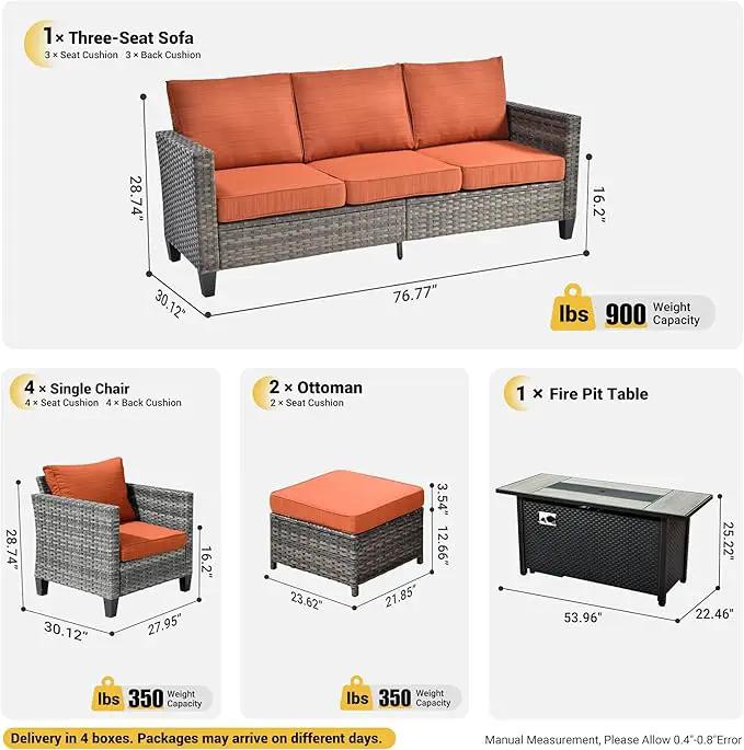 ovios 8 Pieces Patio Furniture Set with 54" Fire Pit Table, Outdoor Wicker Sofa with Comfy Cushions, All Weather High Back Rattan Couch Conversation Set, Orange Red by GreenHaven Gardens