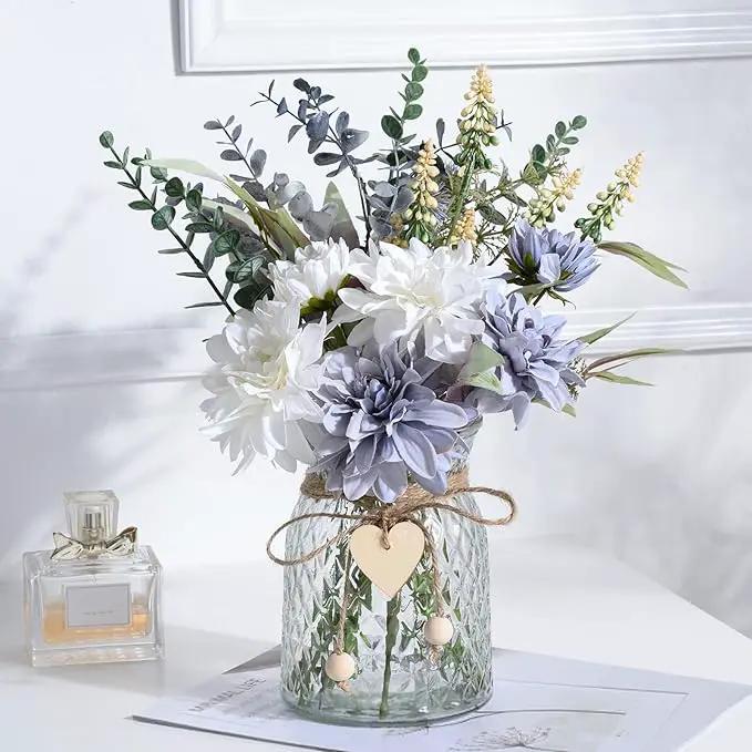 Fake Flowers Artificial Blue Flowers with Vase, Table Centerpieces for Dining Room, Silk Flower Arrangements for Home, Living Room Bathroom Plant Decor, Centerpiece Table Decorations by GreenHaven Gardens
