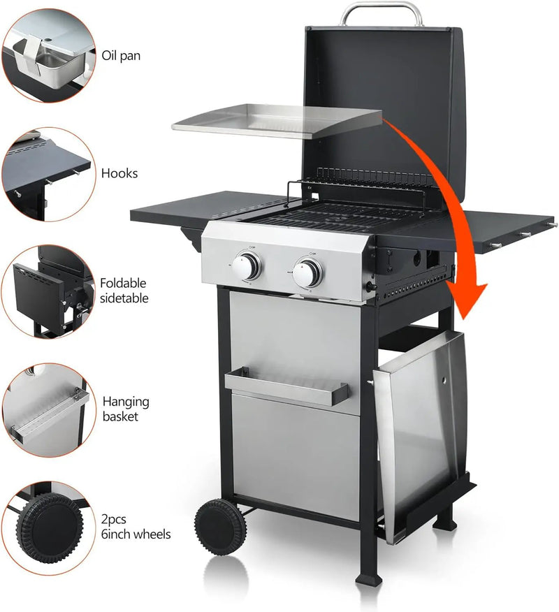 2-Burner Propane Gas BBQ Grill with SS Plancha, 24,600 BTU Output, Wire Enamel Cooking Grids, Foldable Side Table and Hanging Basket, Compact Stainless Steel Grill by GreenHaven Gardens