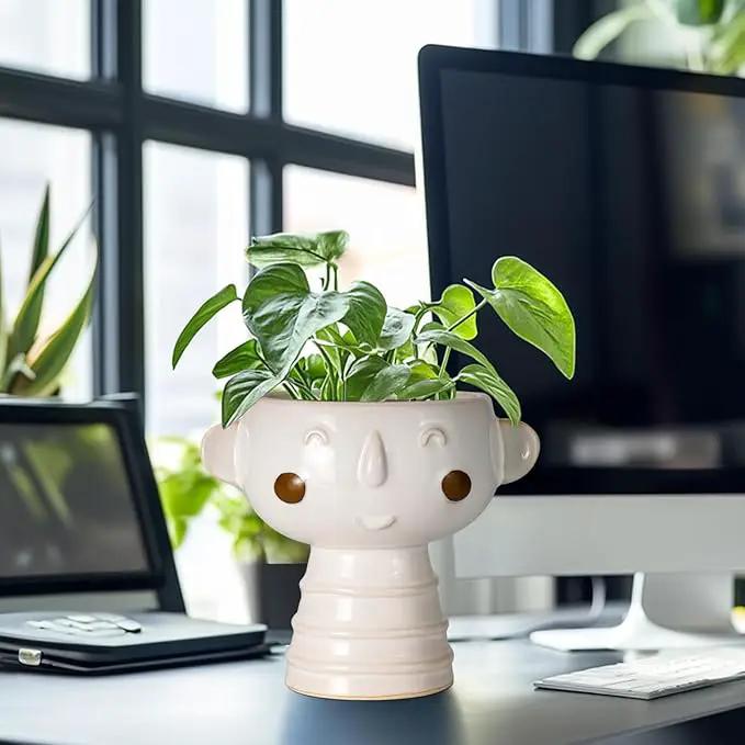 Head Planter for Indoor Plants - 7 Inch Ceramic Face Planter, Cute Succulent Pot with Drainage Hole, Indoor Outdoor Flower Plant Pot, Home Garden Decor, Gift for Plant Lovers, White by GreenHaven Gardens