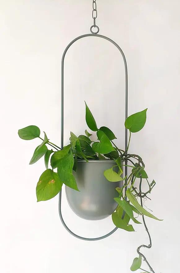 Boho Green Metal Plant Hanger,Metal Wall and Ceiling Hanging Planter, Modern Planter, Mid Century Flower Pot Plant Holder, Minimalist Planter for Indoor Outdoor Home Decor by GreenHaven Gardens