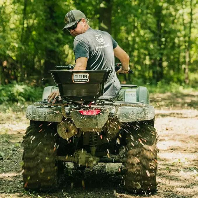 Titan Attachments 12 Volt ATV/UTV Broadcast Spreader, 80 LB Capacity, Back or Front Mounting for ATV, UTV, Or Utility Tractor, Lawn and Garden Seed Spreader with Rain Cover by GreenHaven Gardens