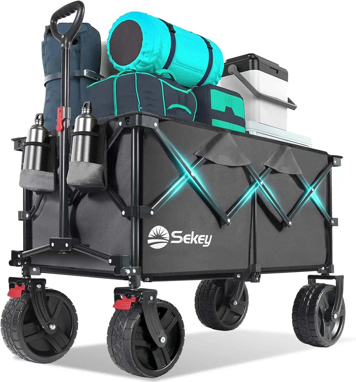 Collapsible Wagon Cart with Big All-Terrain Beach Wheels, Foldable Heavy Duty Wagons with Cup Holders, Utility Carts for Camping, Garden, Outdoor, Grocery, Sports. Grey by GreenHaven Gardens