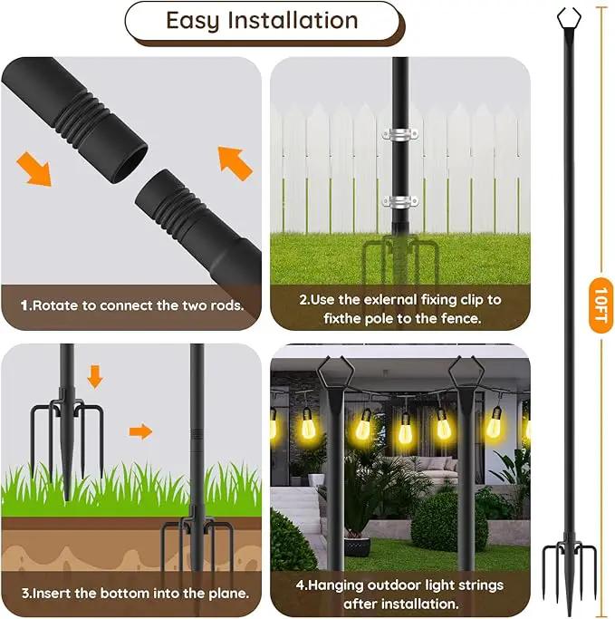 10Ft String Light Poles 4 Pack,Light Poles for Outside Lights,Outdoor with Fence Brackets Hanging Lights,Metal Stand Deck Patio Backyard by GreenHaven Gardens