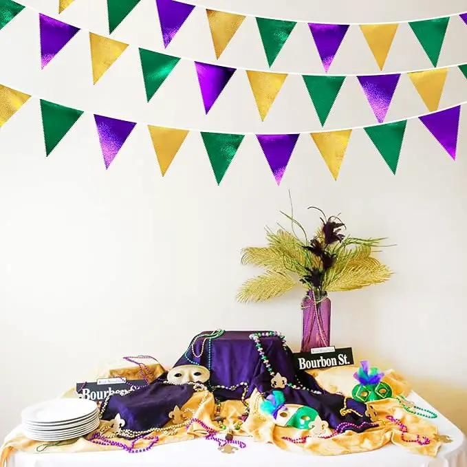 Mardi Gras Party Decorations Purple Green and Gold Metallic Fabric Triangle Pennant Banner Flag Hanging Bunting Garland for Birthday Wedding Baby Shower Bridal Shower Holiday Masquerade Party Supplies by GreenHaven Gardens