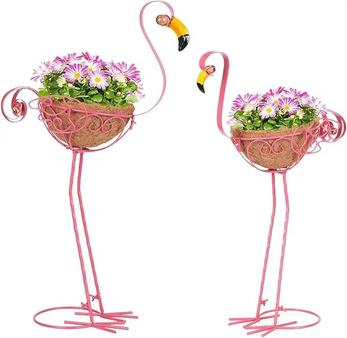 Set of 2 Pink Metal Flamingo Planters with Basket for Indoor Outdoor Garden Yard Decor by GreenHaven Gardens