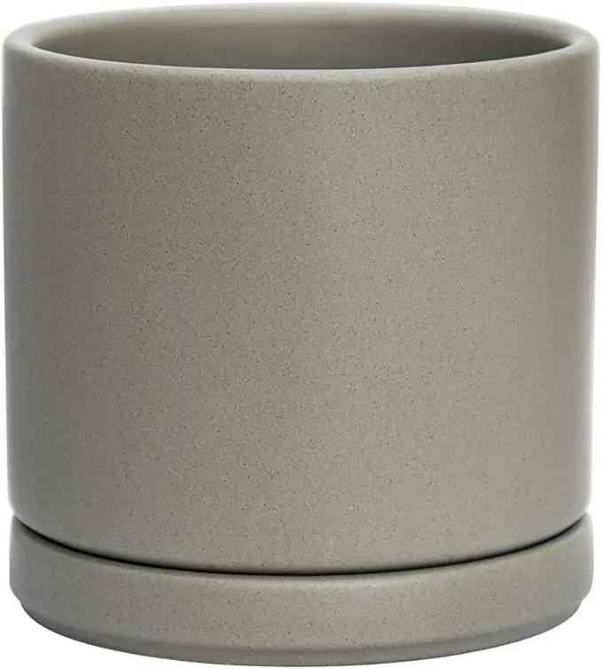 D'vine Dev Ceramic Planter Pot with Drainage Hole and Saucer, Indoor Cylinder Round Flower Pot, 4.6 Inch, Grey, 94-O-B-3 by GreenHaven Gardens