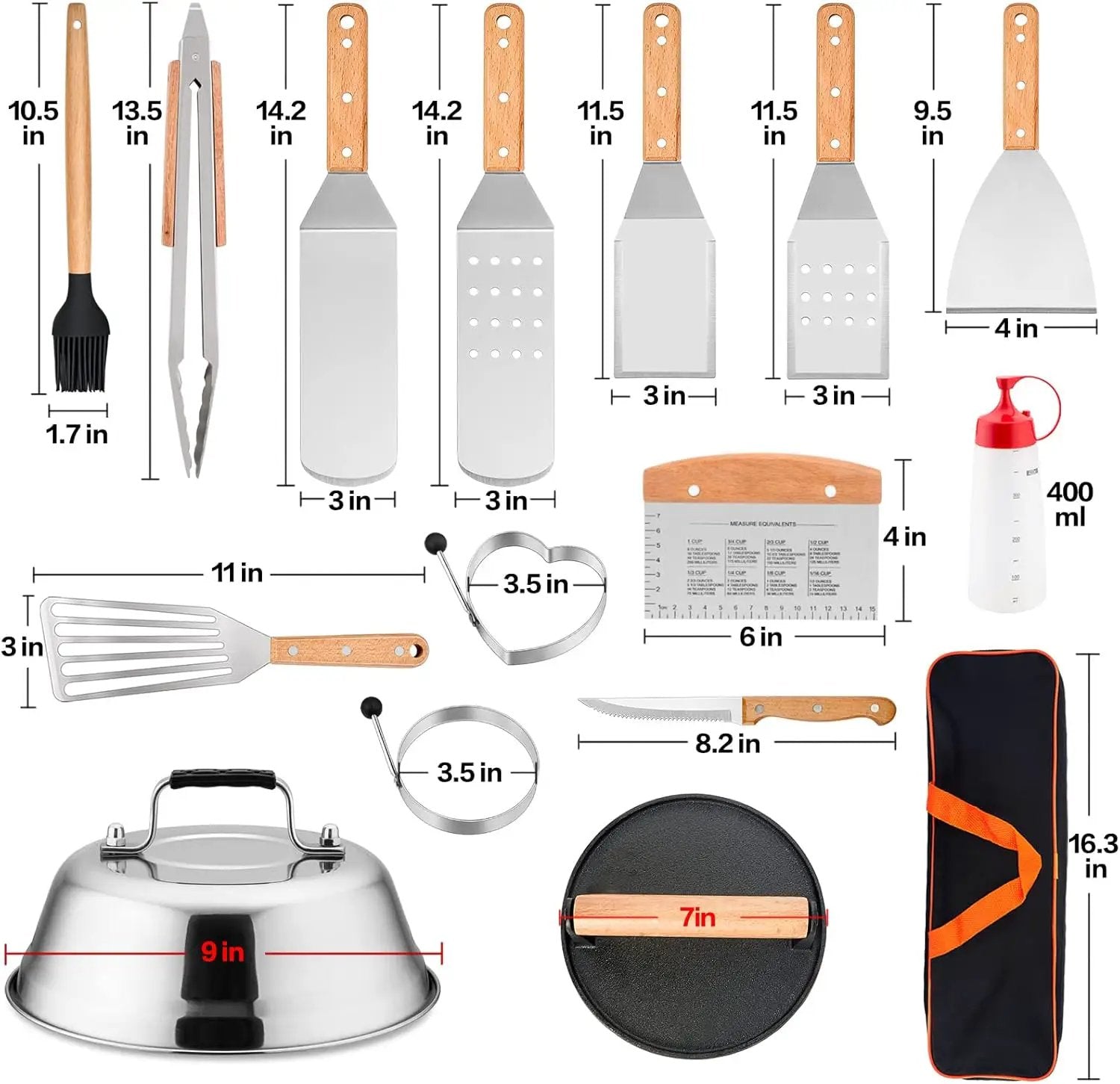 HaSteeL Griddle Accessories Set of 20, Complete Stainless Steel Griddle Spatula Tools with 9” Melting Dome, Heavy Duty Metal Spatulas Choppers Cast Iron Grill Press for Flat Top Teppanyaki BBQ Outdoor by GreenHaven Gardens