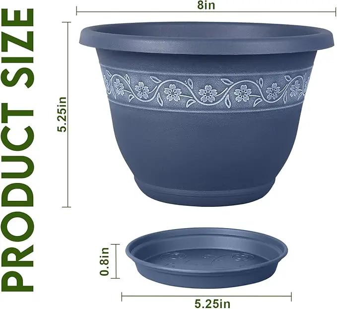 8 Inch Plant Pots with Drainage Hole - Lightweight Flower Pots for Herbs and Flowers - Home Decor Plastic Planters for Indoor Outdoor Plants- Pack of 6 (Blue, 8 inch) by GreenHaven Gardens