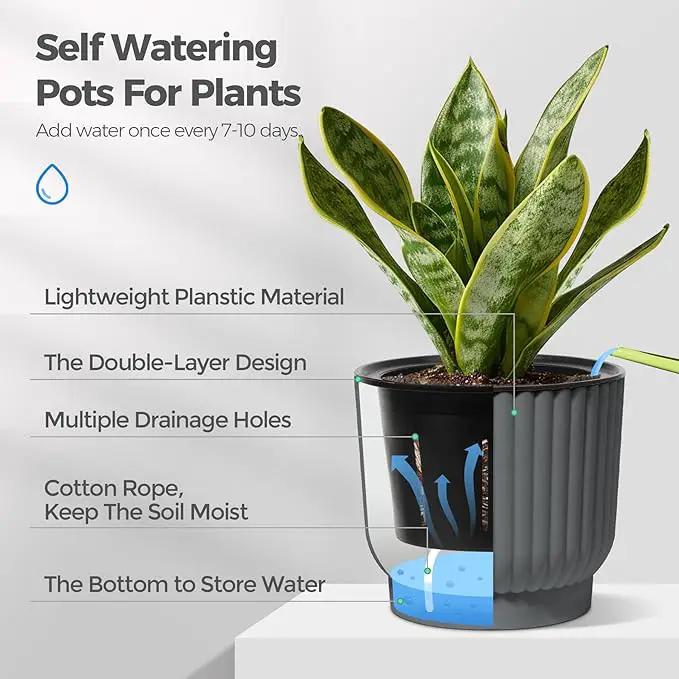 T4U African Violet Pots, 4 Inch Self Watering Pots for Indoor Plants, 6 Pack Small Planters, Durable Charcoal Gray Plastic Small Pots for Indoor Plants, Flower by GreenHaven Gardens