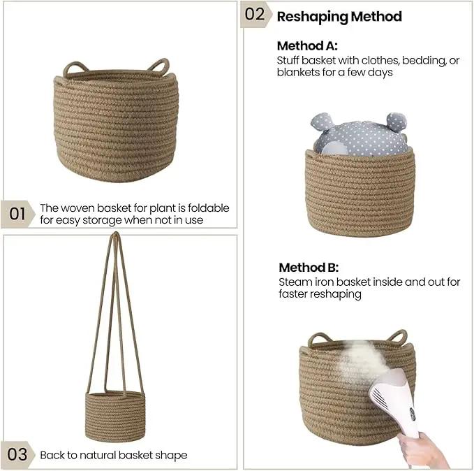 Flexzion Hanging Plant Basket, Boho Cotton Rope Basket Indoor Hanging Planter, Up to 7" Flower Pot, Macrame Woven Modern Plant Holder, Storage Bin Organizer, Home Decor with 20" Hanging Rope, Brown by GreenHaven Gardens