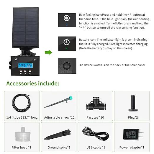 Solar Drip Irrigation System, Automatic Irrigation System for Outdoor Gardening，2200mA Battery and rain Sensing Function,for courtyards, Balconies, Gardens, 10 Potted Plants by GreenHaven Gardens