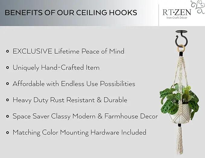 RTZEN Plant Hangers Outdoor or Indoor - Wrought Iron Metal Hanger Indoor Hook - Heavy Duty Wall Bracket Hooks for Hanging Plants Baskets Lanterns Wind Chimes - 2 Pack (Black Ceiling Hooks) by GreenHaven Gardens
