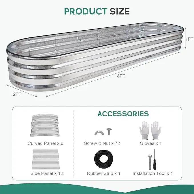 Galvanized Raised Garden Bed - 8×2×1ft Planter Raised Beds for Gardening | Oval Metal Garden Planter Box with Safety Edging and Bracing Rods for Vegetables Fruits and Flowers - Silver by GreenHaven Gardens
