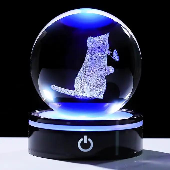 YWHL 3D Crystal Ball Cat Gifts for Women Cat Lover for Christmas Birthday, Laser Cat and Butterfly Figurine with LED Base, Cat Ornament Glass Decorative Ball Globe Night Light for Home Decor (80mm) by GreenHaven Gardens