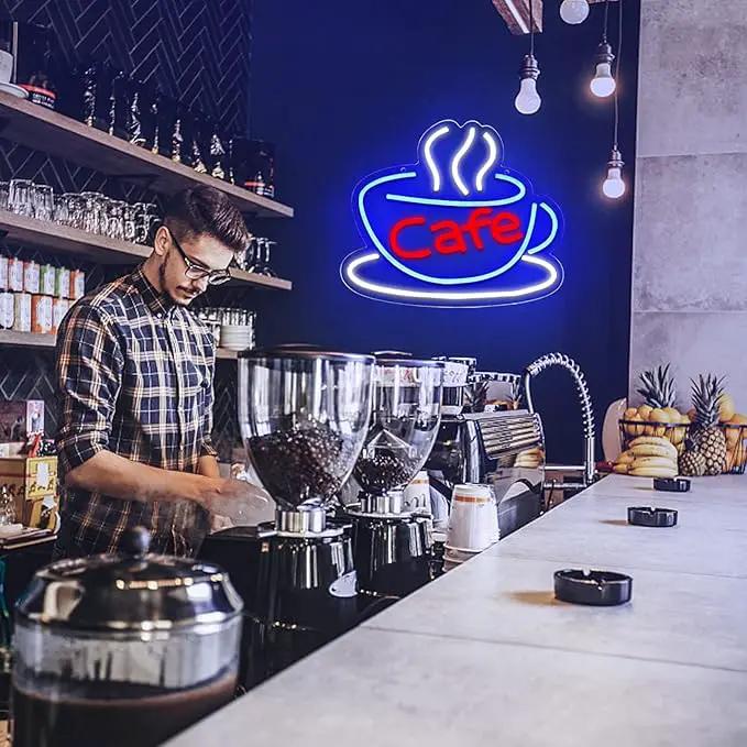 Cafe Neon Sign for Coffee Bar Pub Decor,Blue Wall Art Decoration For Restaurant Living room,Led Light of Cafe,USB Power Supply With Metal Chain. by GreenHaven Gardens