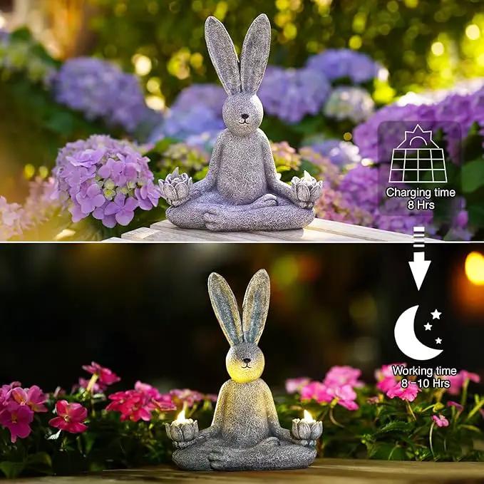 Goodeco Zen Rabbit Statue with Solar Lotus - Garden Yoga Bunny with LED Solar Lotus Lights, Sitting Meditating Buddha Rabbit Serene Resin Figurine for Patio Yard Lawn Ornaments, Home or Outside by GreenHaven Gardens