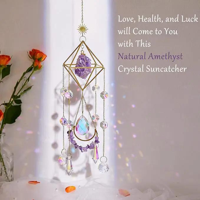 Amethyst Crystal Suncatcher - Hanging Gold Plated Garden Sun Catcher for Windows, Healing Amethyst Crystal Decor for Home, Gift for Christmas Birthday Valentine Mothers Day by GreenHaven Gardens