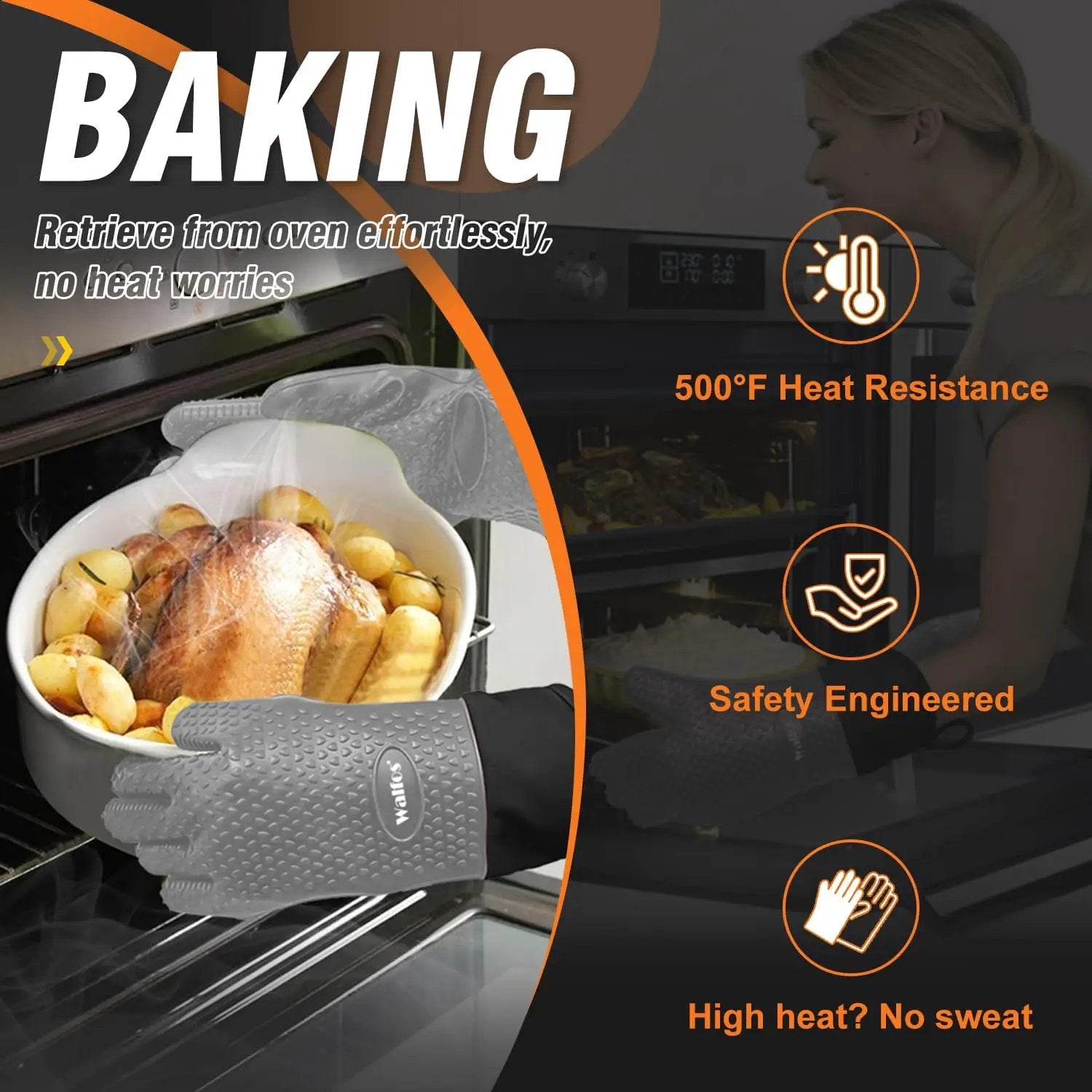 Walfos Silicone BBQ Gloves - Heat Resistant Grilling Gloves, Premium Non-Slip Kitchen Silicone Oven Mitt with Protective Cotton Layer Inside, Waterproof, Great for Grilling, Kitchen and Cooking, Gray by GreenHaven Gardens
