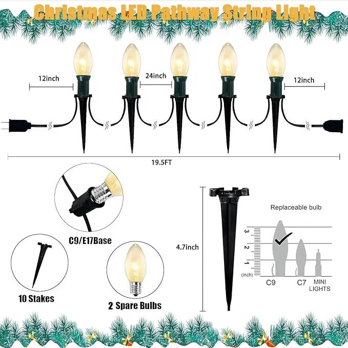 38Ft Christmas Pathway String Lights Outdoor with C9 25 Clear Christmas Pathway Marker Stakes Lights, Extendable C9 Outdoor Walkway Lights for Outside Xmas Party Holiday Backyard Commercial Decor by GreenHaven Gardens