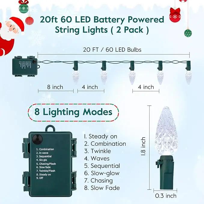 C6 LED Christmas String Lights, 20 ft 60 LED Battery Operated Faceted Strawberry Lights, Waterproof for House Roof Roofline Christmas Tree, White, 2 Pack by GreenHaven Gardens