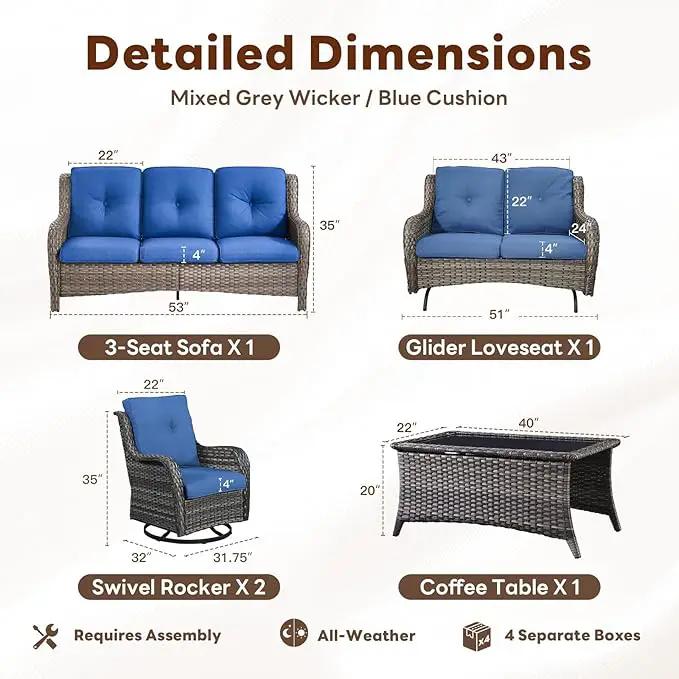 5 Piece Outdoor Patio Furniture Set - Outdoor Conversation Couch and Loveseat Glider Chair Furniture Set with Rattan Coffee Table for Deck Balcony Poolside Gray Wicker/Blue Cushions by GreenHaven Gardens