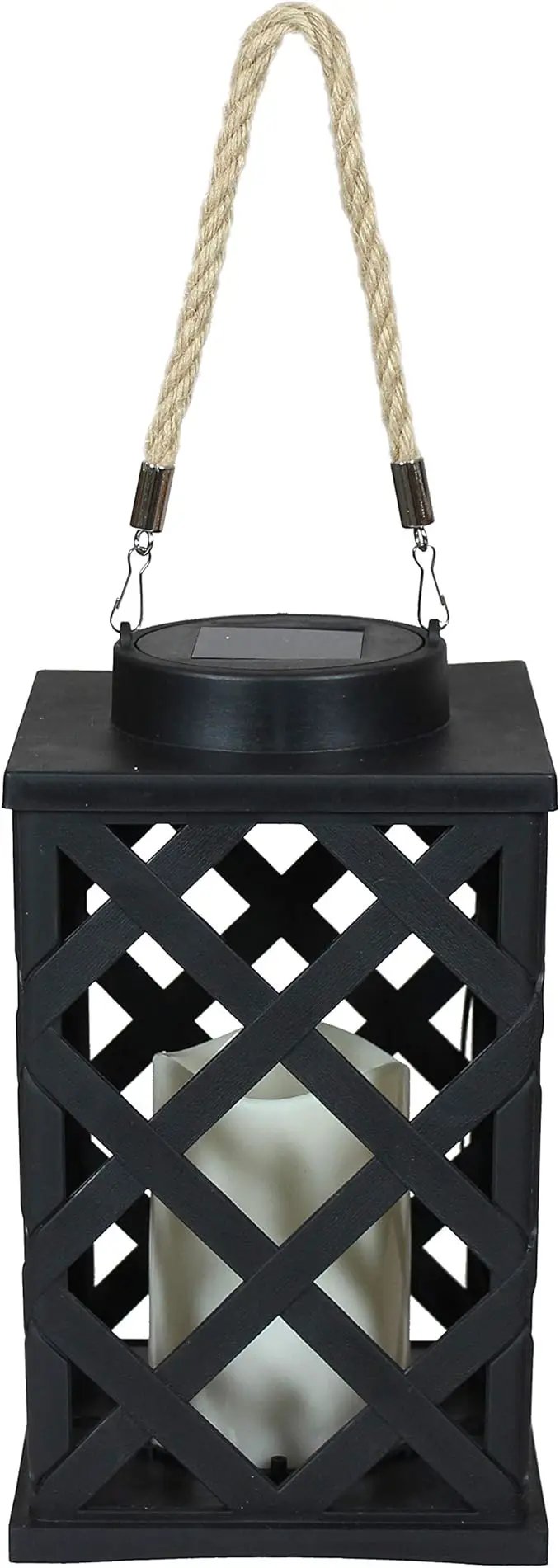 Sunnydaze Modern Crosshatch 9-Inch Solar LED Decorative Candle Lantern - Tabletop/Hanging Light - Set of 2 - Black by GreenHaven Gardens