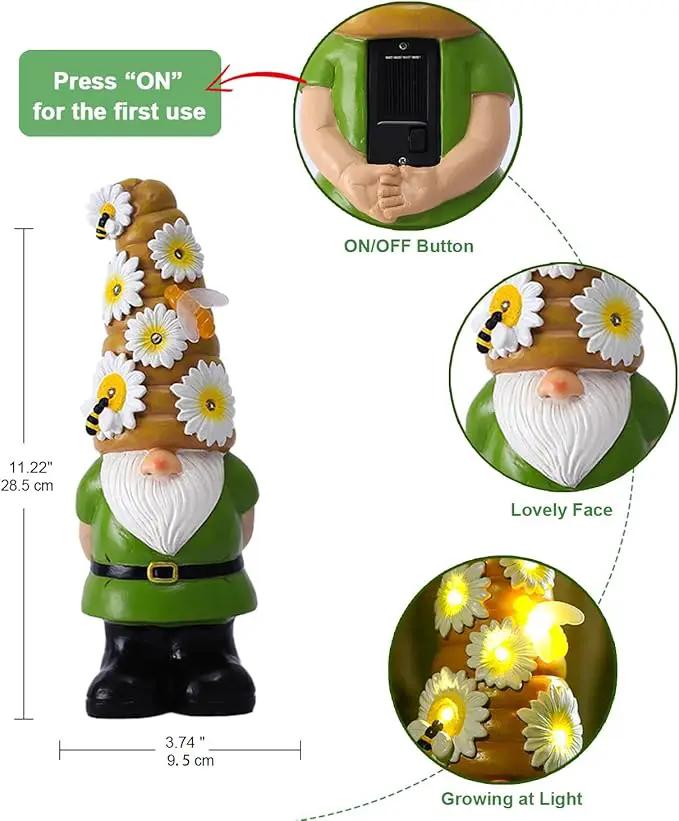 Solar Gnome Garden Statue for Decor: Outdoor Figurines Sculpture with Lights and Bee for Lawn Patio Yard Balcony - Gifts for Mom Women