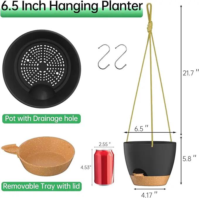 ZMTECH 6.5 Inch Hanging Planters for Indoor Outdoor Plants, 2 Pack Self Watering Hanging Plant Pots with Drainage Holes and Removable Saucer, Plastic Flower Hanging Pots with Watering Lip (Black) by GreenHaven Gardens