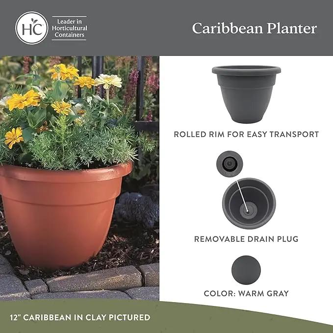 The HC Companies 14 Inch Caribbean Planter - Lightweight Indoor Outdoor Plastic Plant Pot for Herbs and Flowers, Warm Gray by GreenHaven Gardens