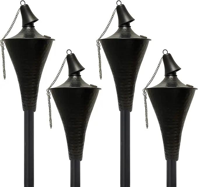 Set of 4, Oahu Premium Metal Outdoor Torches for Patio, Lawn and Garden - Tiki Style Metal Torch/w Snuffer, Fiberglass Wick & Large 16oz Oil Lamp - 53" Tall (Hammered Black) by GreenHaven Gardens