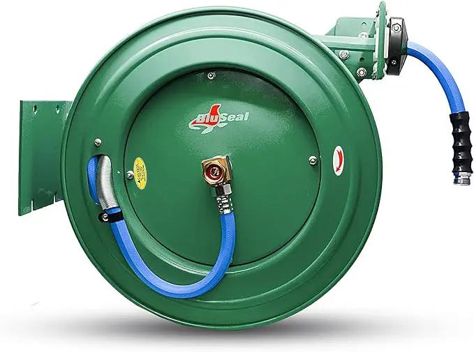 Auto Retractable Water Hose Reel with Hot & Cold Water Rubber Garden Hose, Spray Nozzle - Ultra Light, Super Strong with 6' Lead-in Hose (3/4” x 50’ Green) by GreenHaven Gardens