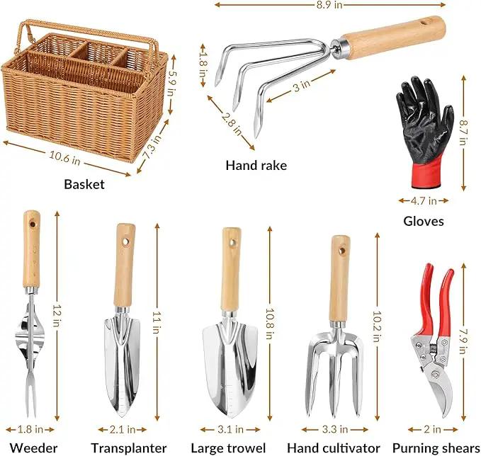 SOLIGT Garden Tools Set with Basket, Heavy Duty Stainless Steel Gardening Hand Tool with Wood Handle, Pruning Shears, Gloves - Perfect Gardening Gifts Planting Supplies for Women Men by GreenHaven Gardens