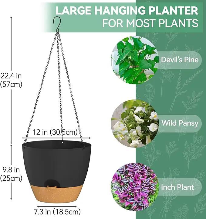 ZMTECH 12 Inch Hanging Planters for Indoor Outdoor Plants, 1 Pack Self Watering Hanging Plant Pots with Drainage Holes and Removable Saucer, Plastic Flower Hanging Pots with Watering Lip (Black) by GreenHaven Gardens