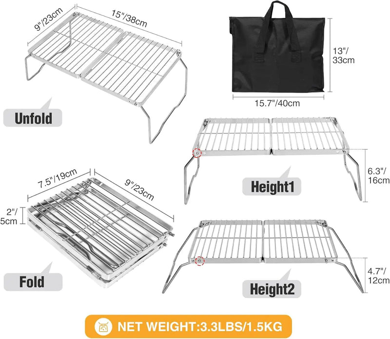 REDCAMP Folding Campfire Grill 304 Stainless Steel Grate, Adjustable Height Portable Camping Grill with Carrying Bag for Outdoor Cooking BBQ by GreenHaven Gardens
