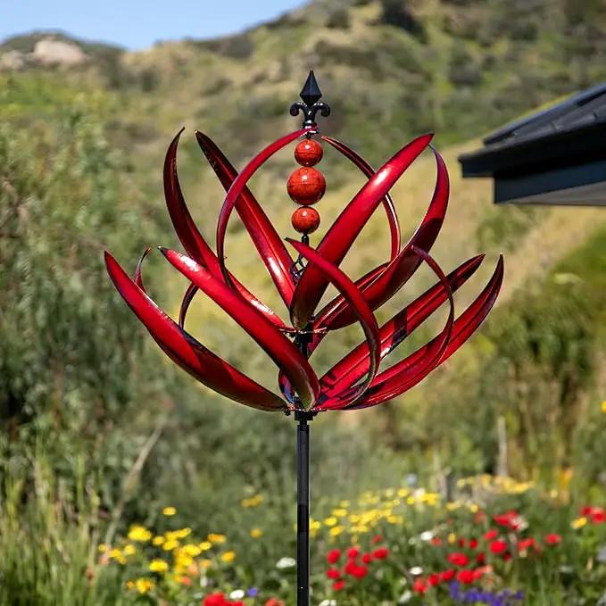Yard Garden Wind Spinners - Large Outdoor Metal Wind Spinners Sculptures, Lawn Yard Art Garden Decor (Burgundy Lotus) by GreenHaven Gardens