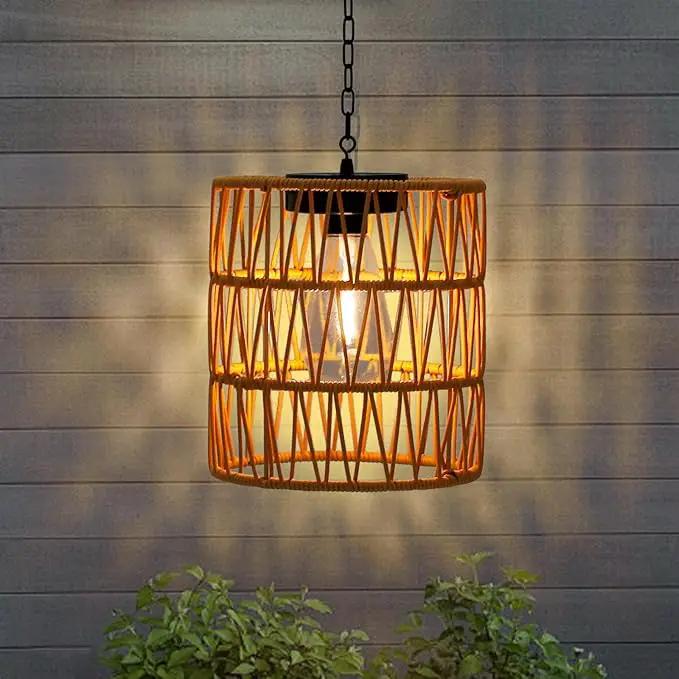 Solar Chandelier Lantern,Outdoor Rattan Pendant Lights,Waterproof Boho Hanging Lamps with Edison Bulb for Gazebo Tree Porch Yard Porch Patio Garden Backyard Decor by GreenHaven Gardens