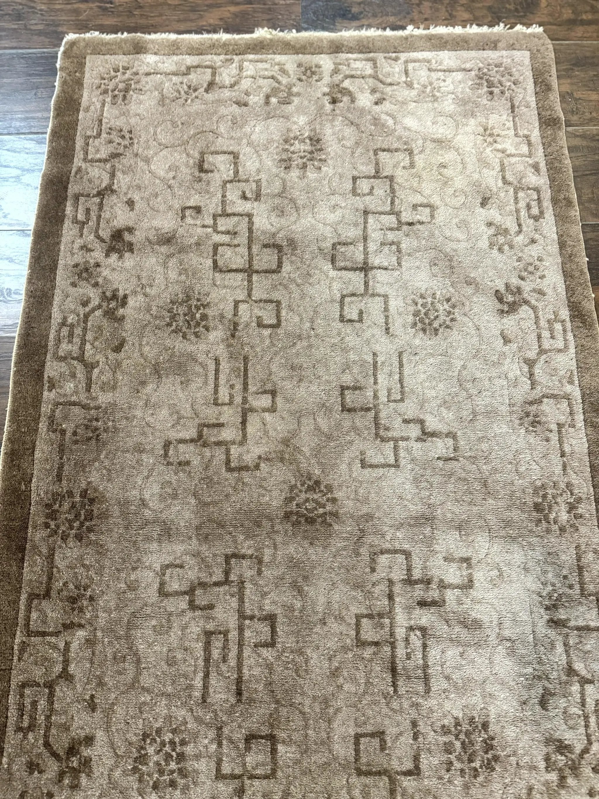 Antique Chinese Fette Rug 3x6, Taupe, Handmade Wool Chinese Carpet by Jewel Rugs