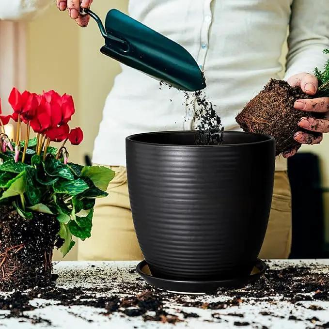 Ceramic Plant Pot 10 Inch - Large Planter Pots for Plants Indoor Outdoor Glazed Round Flower Pot with Drainage Hole and Saucer Black by GreenHaven Gardens